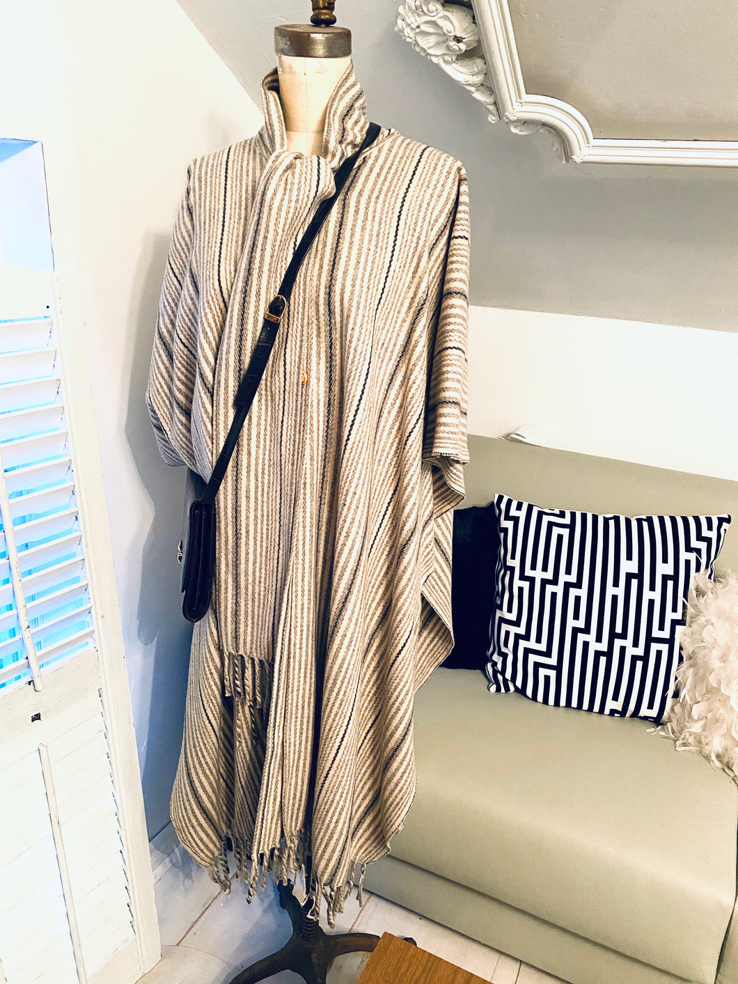 Cream And Navy  Wool Stripped Cloak Cape One Size - City Girl Designer Vintage Closet