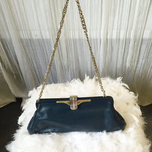 Navy Blue Leather 1940's Frame Bag With Chain Strap - City Girl Designer Vintage Closet