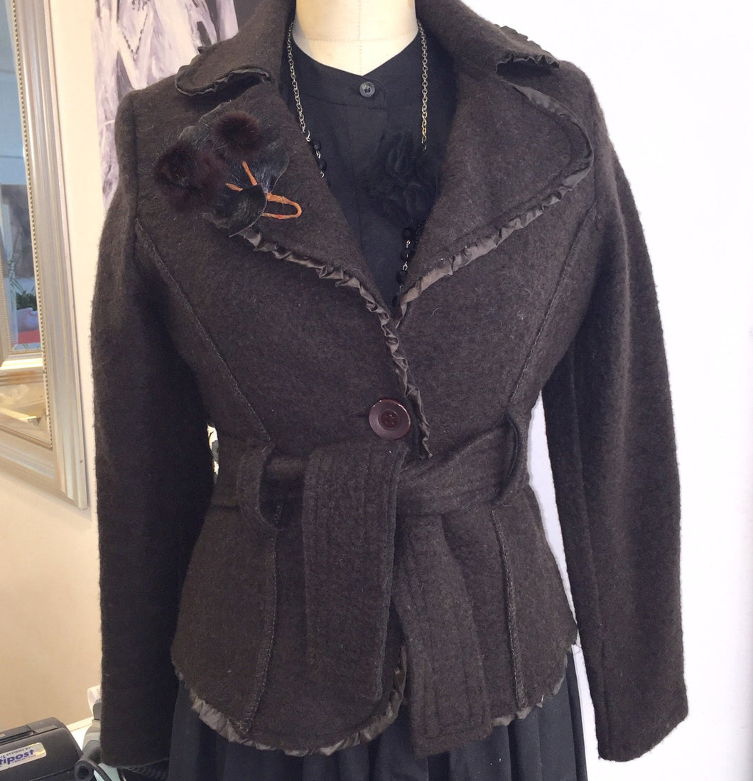 Fitted Wool Jacket With Ribbon Detail Made In Italy  Sz M - City Girl Designer Vintage Closet
