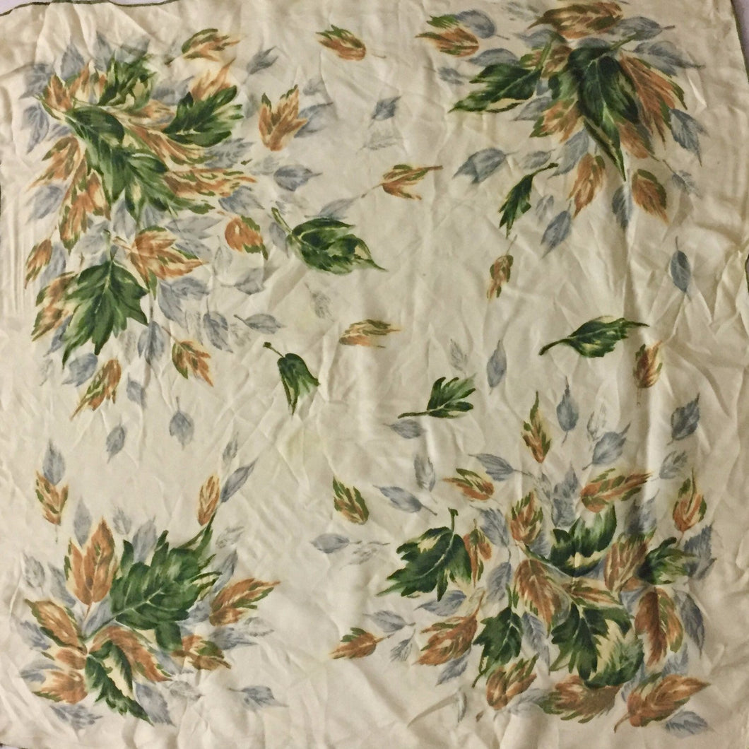 Large Hand Rolled Silk Green And Brown Floral Print Vintage Scarf 30