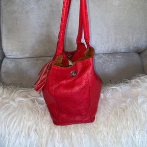 Red lamb skin leather Bucket tote Hand Bag - City Girl Designer Vintage Closet