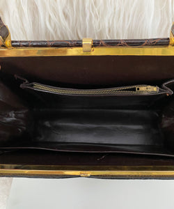 1940's Vintage Brown Exotic Leather A Frame Hand Bag - City Girl Designer Vintage Closet