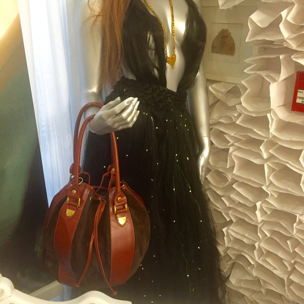 Rare Round Boho Leather And Suede Satchel Bucket Hand Bag - City Girl Designer Vintage Closet