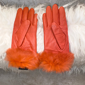Orange Thinsulate Fur Trimmed Womens  Lamb Skin Gloves Medium - City Girl Designer Vintage Closet