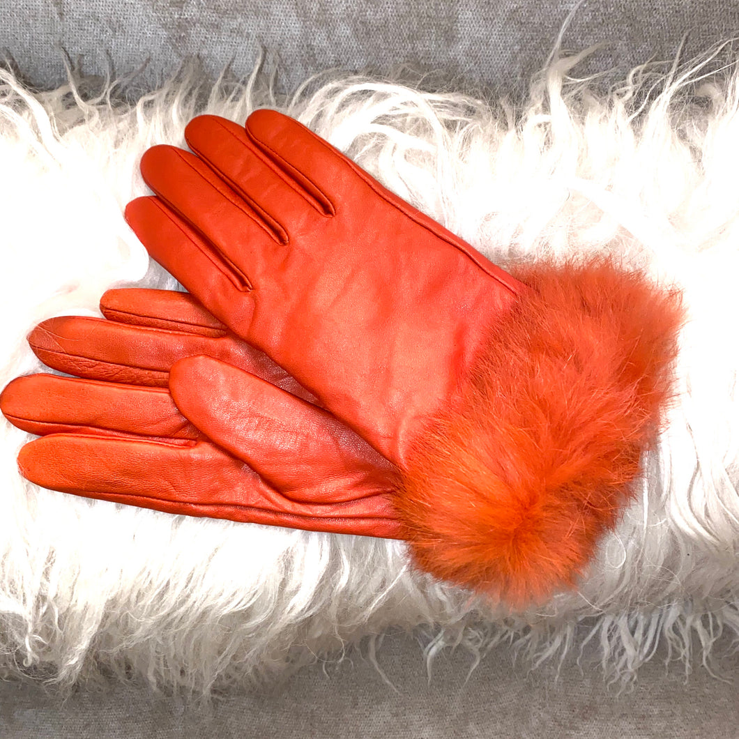 Orange Thinsulate Fur Trimmed Womens  Lamb Skin Gloves Medium - City Girl Designer Vintage Closet