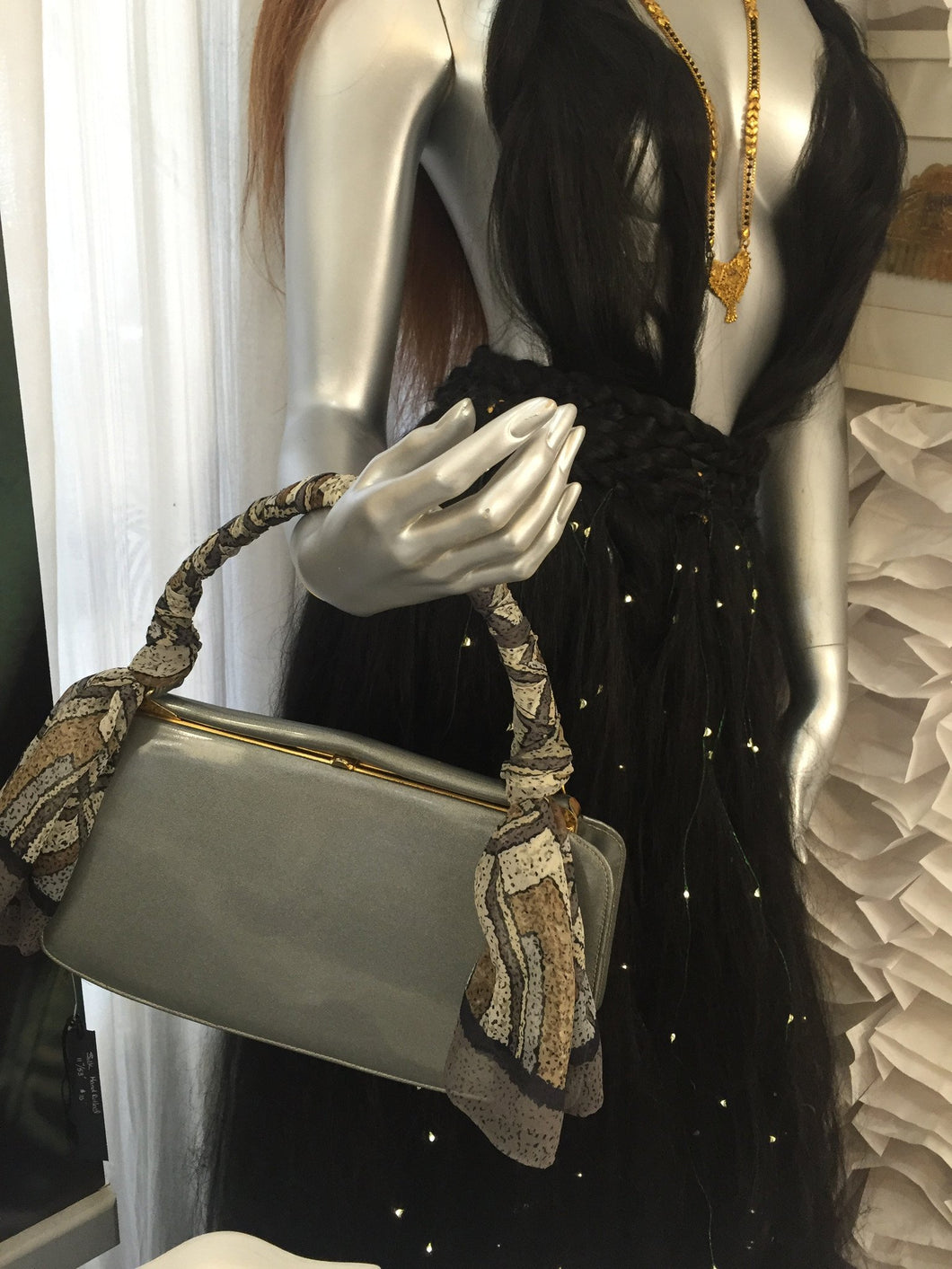 1940's-60's  Grey Patent Leather Top handle Frame Hand Bag - City Girl Designer Vintage Closet