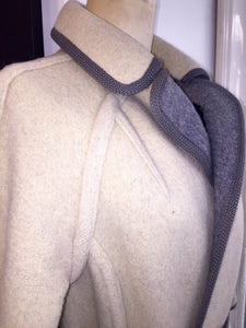 Knee Length Grey And Cream Reversible Wool Wrap Knee Length Coat Sz S - City Girl Designer Vintage Closet
