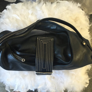 Dissona  Navy Blue Hobo Bag With Tan Topstitching - City Girl Designer Vintage Closet