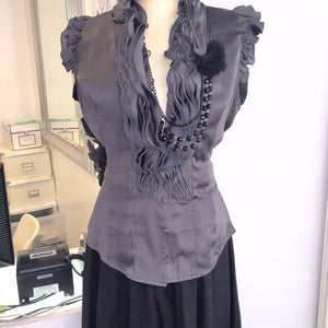 Lapis Ruffled Fitted Grey Shirt Sz L - City Girl Designer Vintage Closet